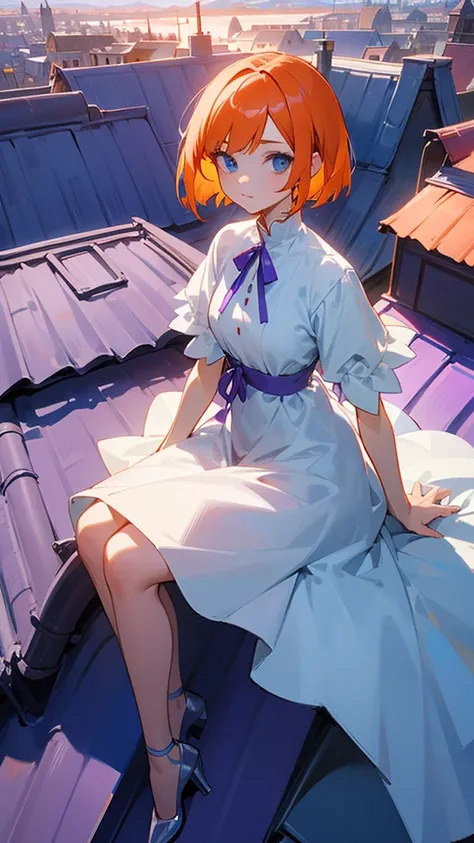 girl with orange angle bob hair and blue eyes, wearing a white dress with purple ribbon, sitting on top of a roof at night