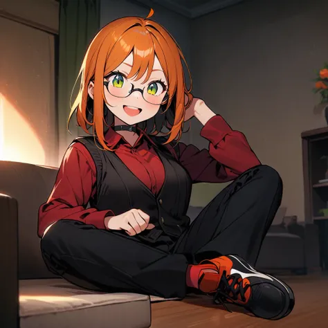 (well done: 1) one woman, long straight orange hair, green eyes, glasses, black choker, black vest, red long-sleeved shirt under the vest, black pants, black sneakers.  sitting in a living room.