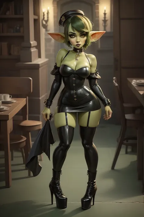 goblin girl. green skin. very short hairstyle. choker. black pouty lips. big breats , hourglass figure, goth, eyeshadow, eyeline...