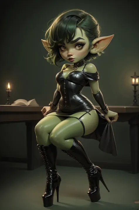 goblin girl. green skin. very short hairstyle. choker. black pouty lips. big breats , hourglass figure, goth, eyeshadow, eyeline...