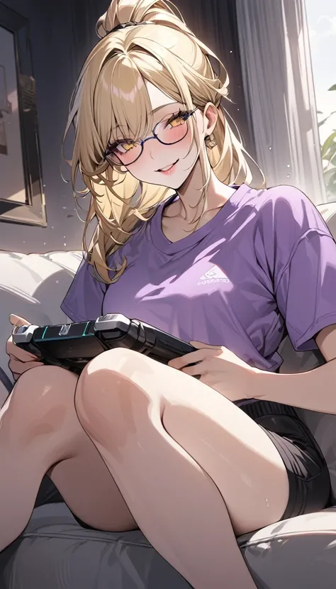 Highest quality　masterpiece　High resolution　Long blonde hair　　ponytail　Character Portrait　Yellow Eyes　Glasses　Pale pink lips　F Cup　Fluffy body　Purple jersey trousers　Play games　Sit on the sofa　Black shorts　smile　Scream