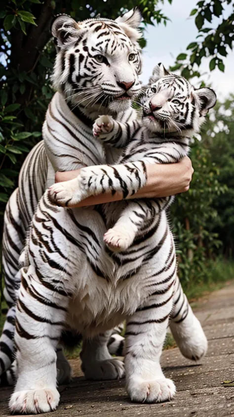 White tiger with animated little cub