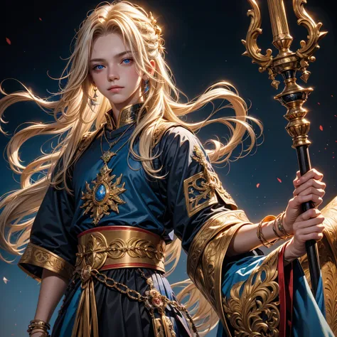 Create me a 17 year old male teenager,  slightly long blonde hair with some white strands , golden eyes, a necklace with a blue stone and some details,  a black medieval outfit and some bracelet of many colors , a red cloth wrapped around the waist and a s...