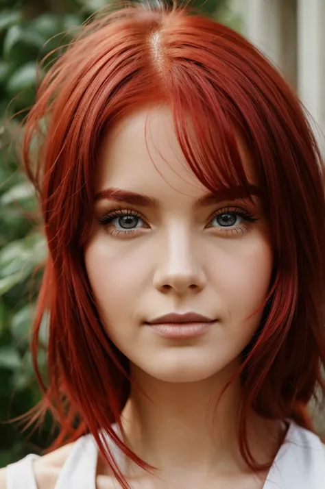 Woman with cherry red hair and gray eyes 