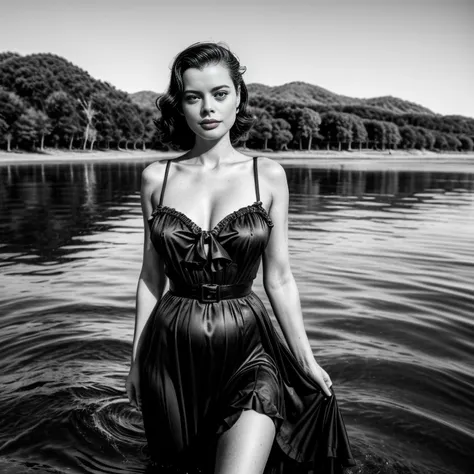 black and white photo. gillian jacobs, standing in the water, long dress, pin-up, vintage dress, 22 years old, perfect body, 40'...