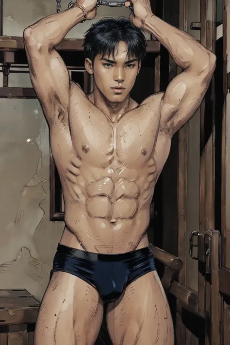 (masterpiece,comic,best quality,8k,ultra-detailed:1.3),1 Asian boy,standing,arms up,handsome,muscular,restrained,shackles,torture chamber,(underpants,big bulge),tan skin,short hair,detailed beautiful eyes,sharp,sweat,humid,breath, comic artstyle 2D.