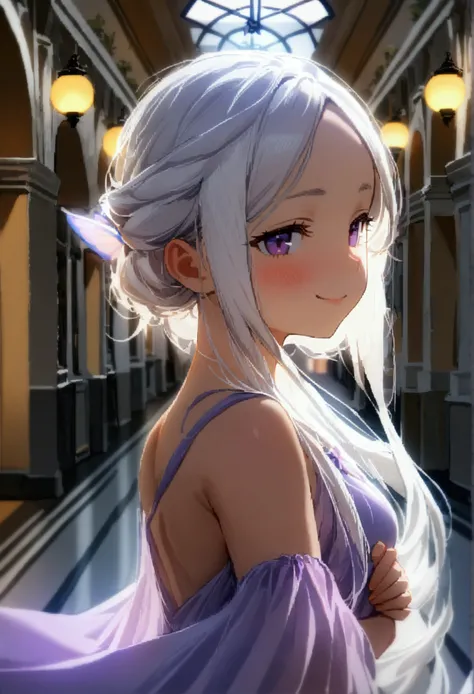 1 girl, ((Girl is short, cute, beautiful and attractive)), ((Girl purple eyes)) ((Girl has very long white hair))((Girl hair is floaty and thick))((White hair)), ((Girl is wearing a cute light purple dress)), ((Hallway))((Blurry Background)), ((Girl is smi...