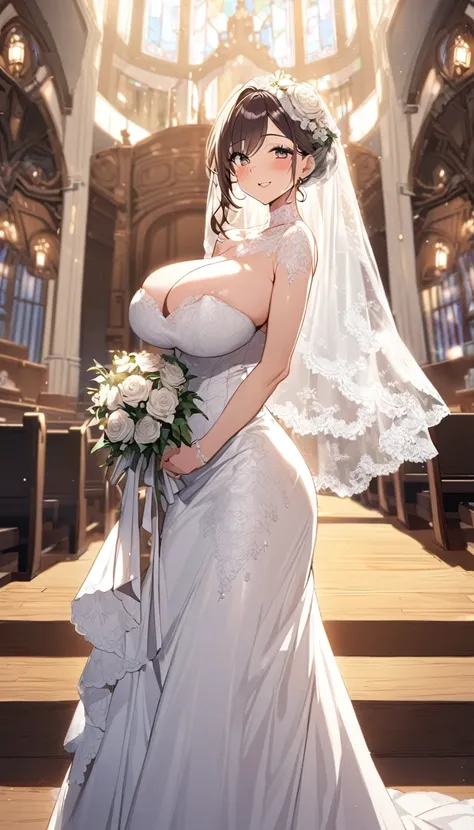 Girl with huge sagging breasts with a lace neckline and a wedding dress with lace veil and bouquet waiting at the altar