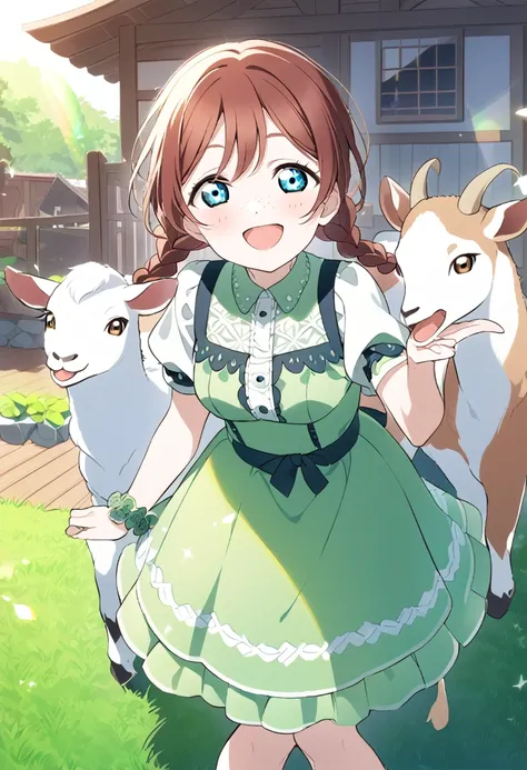 ((style:Colored pencil))Emma Verde, lovelive, Reddish brown hair, Twin braids hair, blue eyes, freckles, Yellow-green dress, adult, flare lens, Single, smile, Open your mouth, 1woman, whole body , Goat on background, Petting, house wife
emma verde,