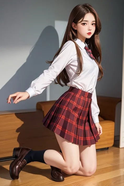 1girl, solo,23yo. realistic, , skirt, shoes, full body, shirt, loafers, long hair, brown hair, plaid, brown eyes, pleated skirt, plaid skirt, looking at viewer, lips, underwear, panties, long sleeves, white shirt他