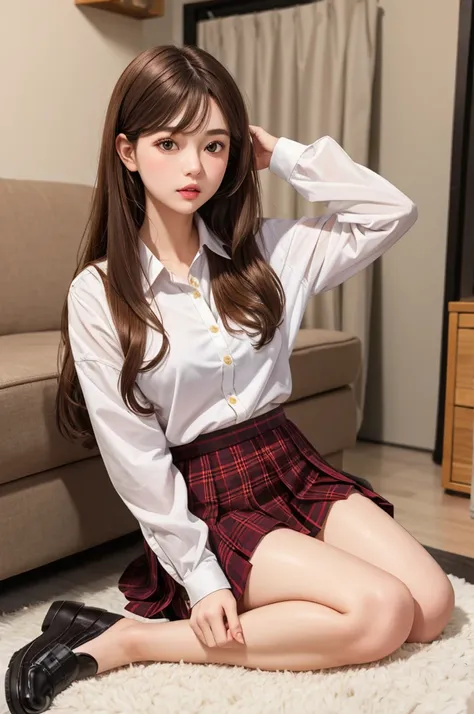 1girl, solo,23yo. realistic, , skirt, shoes, full body, shirt, loafers, long hair, brown hair, plaid, brown eyes, pleated skirt, plaid skirt, looking at viewer, lips, underwear, panties, long sleeves, white shirt他