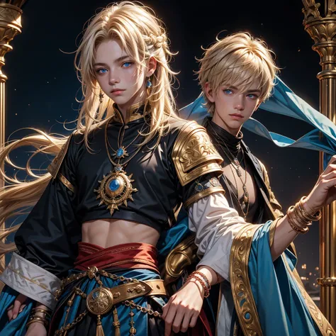 Create me a 17 year old male teenager,  messy blonde hair with some white strands , golden eyes, a necklace with a blue stone and some details,  a black medieval outfit and some bracelet of many colors , a red cloth wrapped around the waist and a serene an...