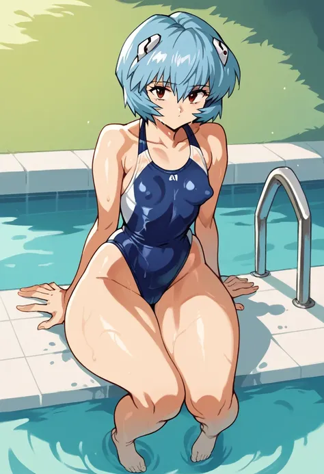 score_9, score_8_up, score_7_up, score_6_up, score_5_up, score_4_up, (source_anime), 1girl, neon genesis evangellion,( rei ayanami, small breasts, big Thighs, puffy nipples), far, full body, Swimming pool ,Revealing the breasts, Swimsuit, Wet, school