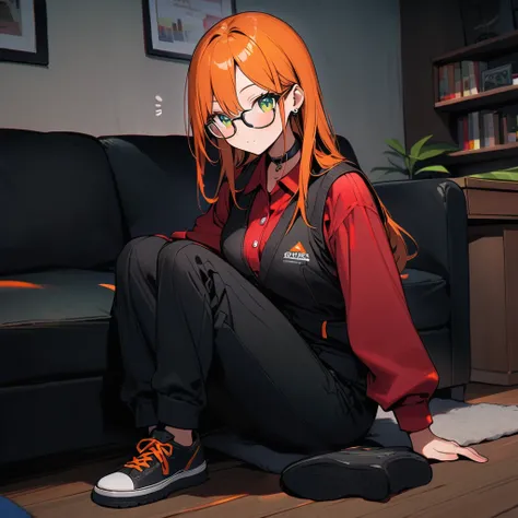 (well done: 1) one woman, long straight orange hair, green eyes, glasses, black choker, black vest, red long-sleeved shirt under the vest, black pants, black sneakers.  sitting in a living room.