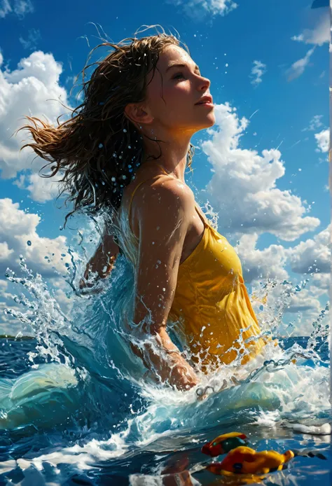 water, wet, splashing, liquid, sunny, day, blue sky, clouds, nature, natural setting, (character focus:1.1), sharp focus, realistic, highly detailed, ultra detailed, best quality, highest quality, realistic lighting, hyperdetailed, hyperrealism, greg rutko...