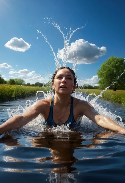 water, wet, splashing, liquid, sunny, day, blue sky, clouds, nature, natural setting, (character focus:1.1), sharp focus, realistic, highly detailed, ultra detailed, best quality, highest quality, realistic lighting, hyperdetailed, hyperrealism, greg rutko...