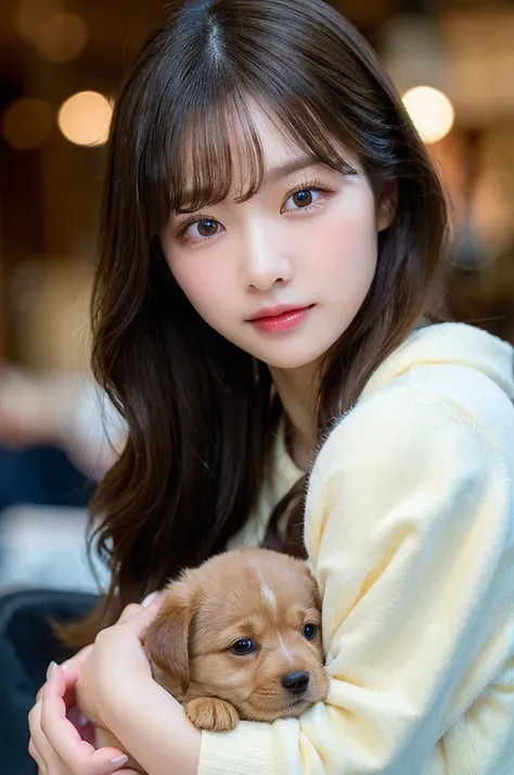  high-level image quality, 1 female college student, ((Holding a puppy)), Wavy Hair, ((Detailed face:1.2)), pale skin, (cold color), moist, reflector stay piece, (perfectly proportions), (photos realistic), (Best Quality), photographed in a Canon EOS R5, 5...