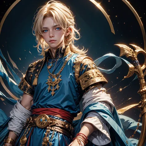 Create me a 17 year old male teenager,  messy blonde hair with some white strands , golden eyes, a necklace with a blue stone and some details,  a black medieval outfit and some bracelet of many colors , a red cloth wrapped around the waist and a serene an...