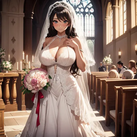 Girl with huge sagging breasts with a lace neckline and a wedding dress with lace veil and bouquet waiting at the altar