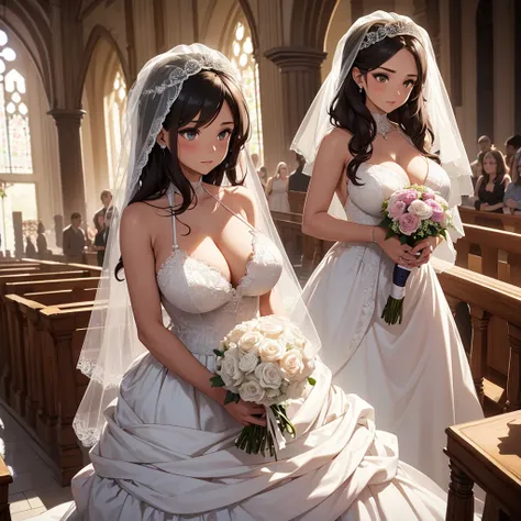 Girl with huge sagging breasts with a lace neckline and a wedding dress with lace veil and bouquet waiting at the altar