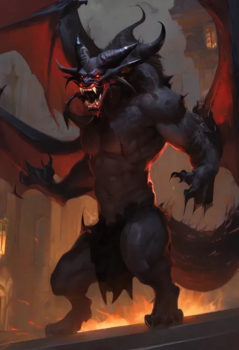 Demon in human form. Curved and pointed chubs, prominent fangs, intense eyes, sharp claws, Impressive body. Vague gender.