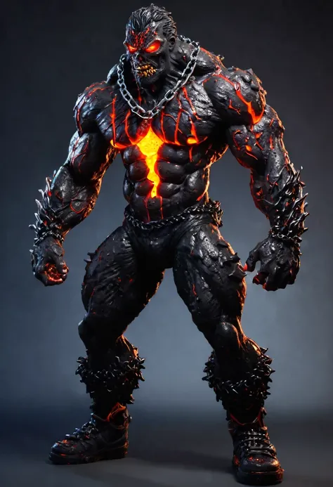 Zombie, lava zombie, muscle lava body, heavy lave chain, villain, full body, full body view 