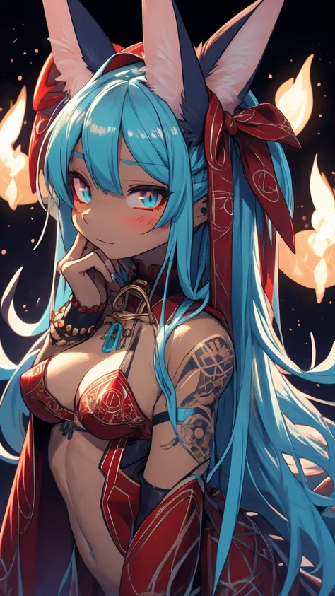 the best definition, Miku Hatsune, High Definition, kitsune ears, tribal tattoo, flirtatious girl, Small breasts add_detail, magician girl add_detail, sensual pose, horny girl, expression of sarcasm puts his hands to his face with an expression of mischief...