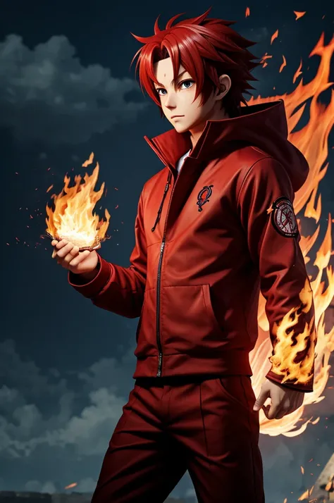 An anime style character whose clothes are red and with fire powers