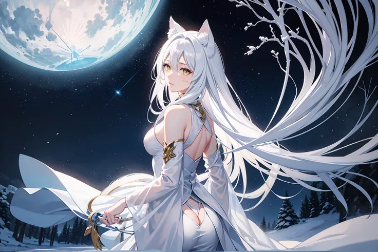 Highest quality、masterpiece、8K、Realistic、超High resolution、Very delicate and beautiful、High resolution、Fantasy World、（White werewolf）、White wolf ears、Yellow Eyes、Vertical eyes、Perfect female body、Beautiful woman、Snowy forest、Snowstorm、Blizzard、View from the...