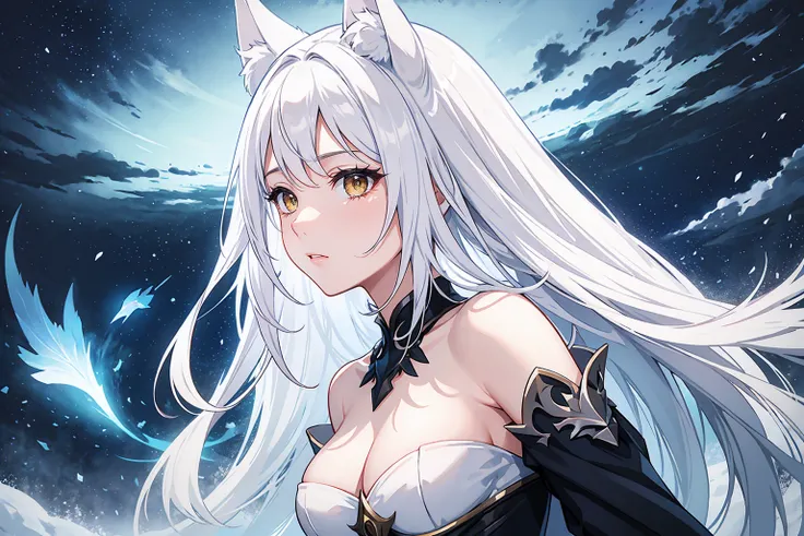 Highest quality、masterpiece、8K、Realistic、超High resolution、Very delicate and beautiful、High resolution、Fantasy World、（White werewolf）、White wolf ears、Yellow Eyes、Vertical eyes、Perfect female body、Beautiful woman、Snowy forest、Snowstorm、Blizzard、View from the...