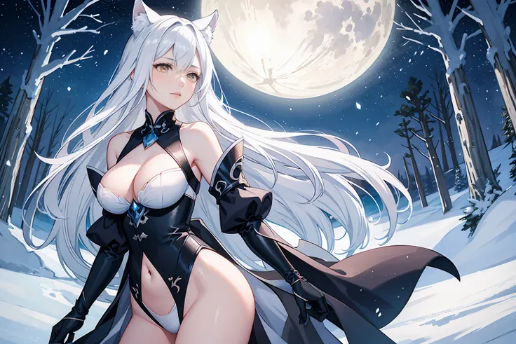 Highest quality、masterpiece、8K、Realistic、超High resolution、Very delicate and beautiful、High resolution、Fantasy World、（White werewolf）、White wolf ears、Yellow Eyes、Vertical eyes、Perfect female body、Beautiful woman、Snowy forest、Snowstorm、Blizzard、View from the...