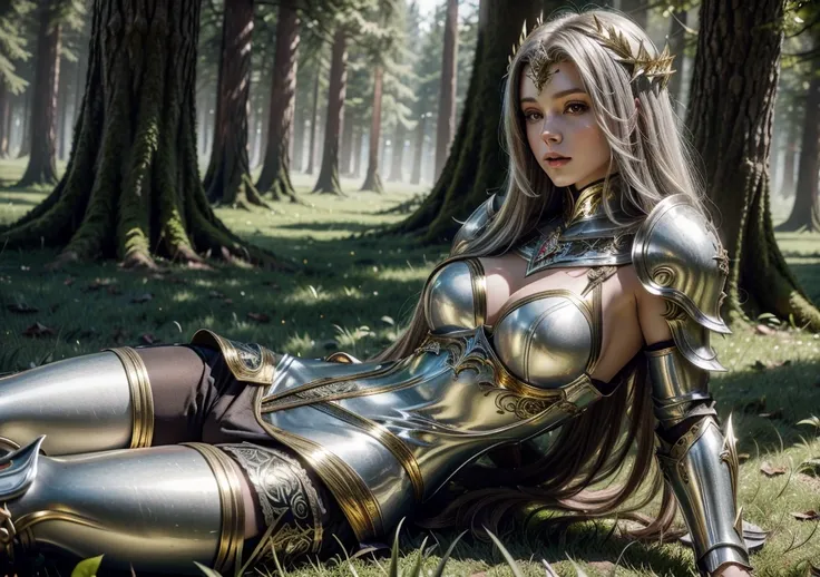 Forest There is a beautiful woman with long hair lying on the grass She wears Medieval armor covering her entire body with silver armor with gold details Templar with medium breasts and perfect goddess