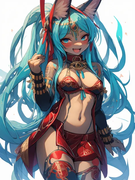 Miku Hatsune, High Definition, kitsune ears, tribal tattoo, flirtatious girl, Small breasts add_detail, magician girl add_detail, sensual pose, horny girl, expression of pleasure, expression of joy add_detail, Tribal clothing