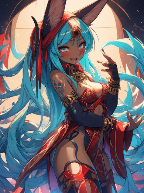 Miku Hatsune, High Definition, kitsune ears, tribal tattoo, flirtatious girl, Small breasts add_detail, magician girl add_detail, sensual pose, horny girl, expression of pleasure, expression of joy add_detail, Tribal clothing