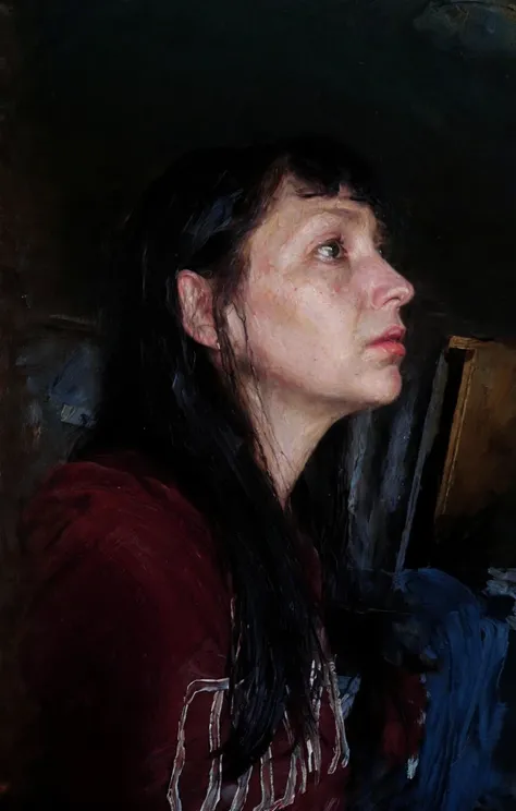 A woman with long braided black hair, dramatic lighting, intricate oil painting portrait, textured brushstrokes, old masters style, high quality, detailed, photorealistic