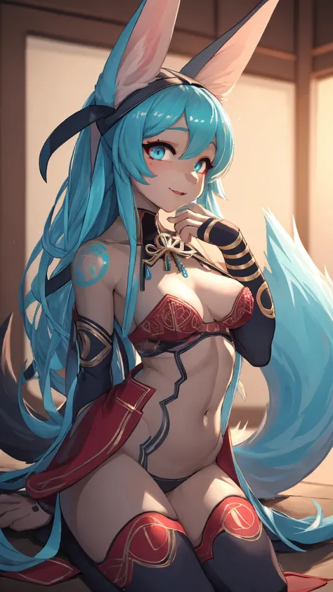 the best definition, Miku Hatsune, High Definition, kitsune ears, tribal tattoo, flirtatious girl, Small breasts add_detail, magician girl add_detail, sensual pose, horny girl, expression of sarcasm puts his hands to his face with an expression of mischief...