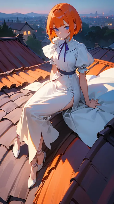 girl with orange angle bob hair and blue eyes, wearing a knee length white dress with a slit, purple ribbon, sitting on top of a simple old roof at night, background is empty