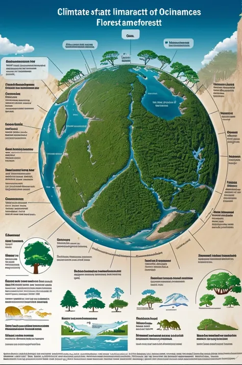 Diagram showing the impact of climate change on various ecosystems (forests, oceans, etc.).