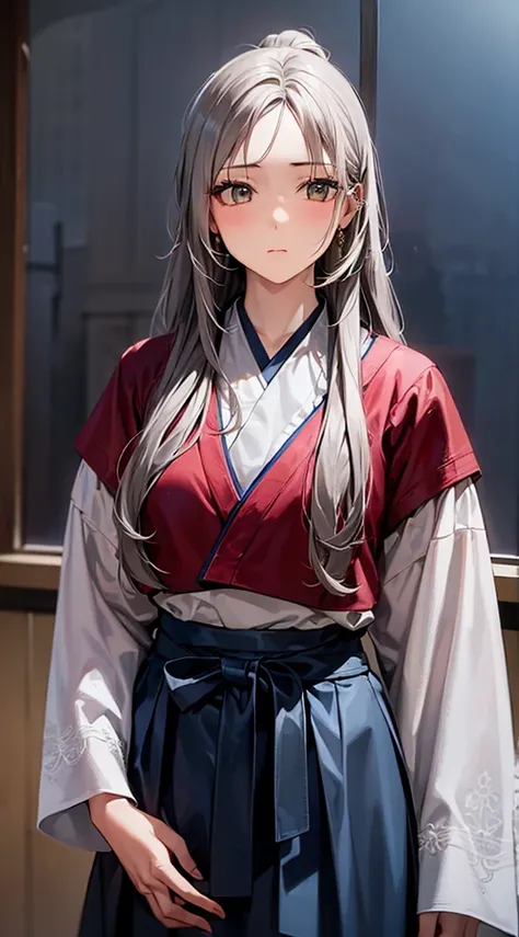 1girl,long silver hair,calm expression , traditional style dress, confident , serene 