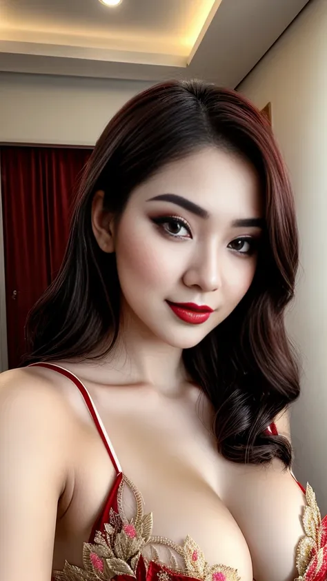 instagram photo, closeup face photo of 23 y.o Chloe in kebaya, Red Lipstick, sensual Lipstick, Sensational Make Up, cleavage, pale skin, (smile:0.4), hard shadows, White G-STRING, bright lighting 