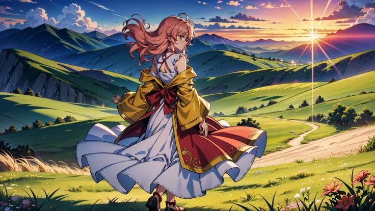 A 16:9 anime-style illustration depicting a female bard on her journey at sunset. The bard is dressed in flowing, colorful attire, with a musical instrument, such as a lute or harp, slung over her back. She is walking along a path through a vast grassland,...