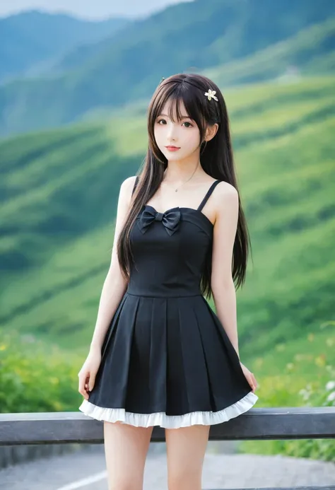 Anime Girl with long hair and a black dress posing for a picture, Sayori, Cute girl anime visual, Anime cute art style, Lolita in a skirt, Anime Girl weareturng a black dress, pretty Anime Girl, (Anime Girl), cute Anime Girl, 穿着漂亮裙子的可爱Anime Girl, attractiv...