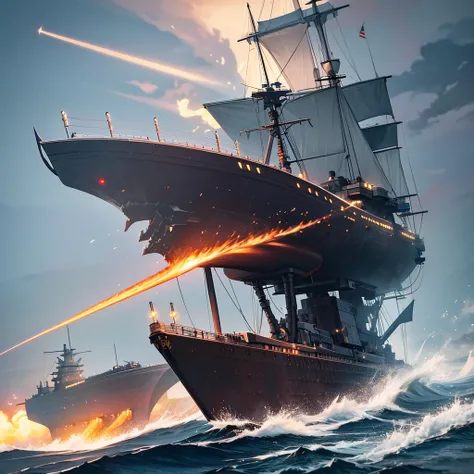 Content: A detailed digital art piece depicting a frontal view of a battleship firing its cannons. The battleship is massive and formidable, with large cannons blasting out powerful bursts of fire and smoke. The ocean around it is turbulent, reflecting the...