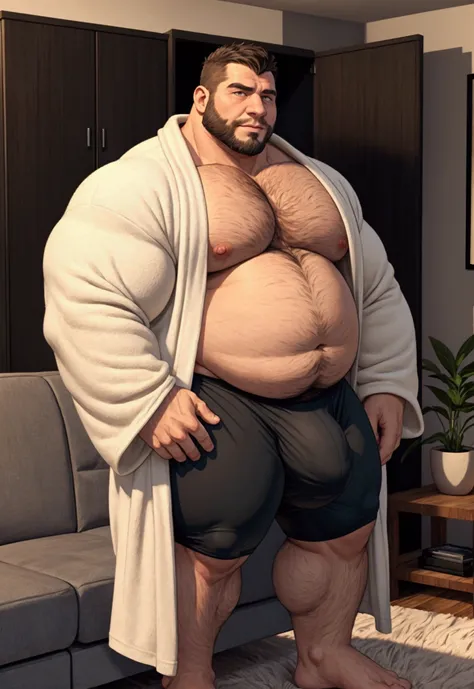 40 years old white Male, tall, giant body, handsome, dad bod, beefy, strong arms and legs, wide shoulders, a bit chubby muscle gut, a bit of fat but still very muscular, extremely hairy, (a lot of body hair), short beard, untie black bathrobe with long sle...