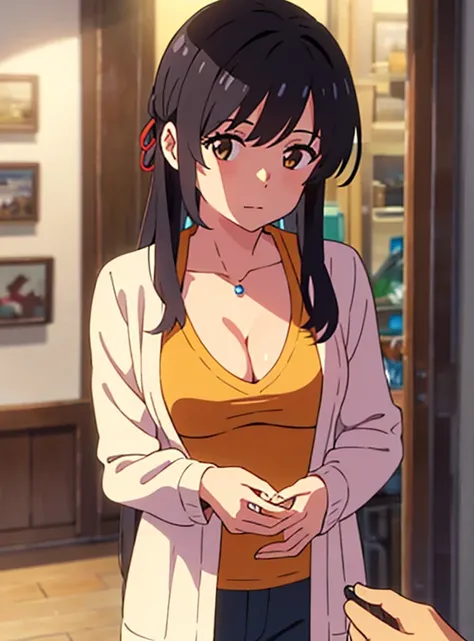 shinkai makoto, kimi no na wa., 1girl, bangs, black hair, brown eyes, twisted half up, red ribbon, long hair, long sleeve light yellow cardigan, open shirt, yellow shirt, cleavage, breast, medium breast, Orange shirt, name tag written "LUMINE Miyamizu", lo...