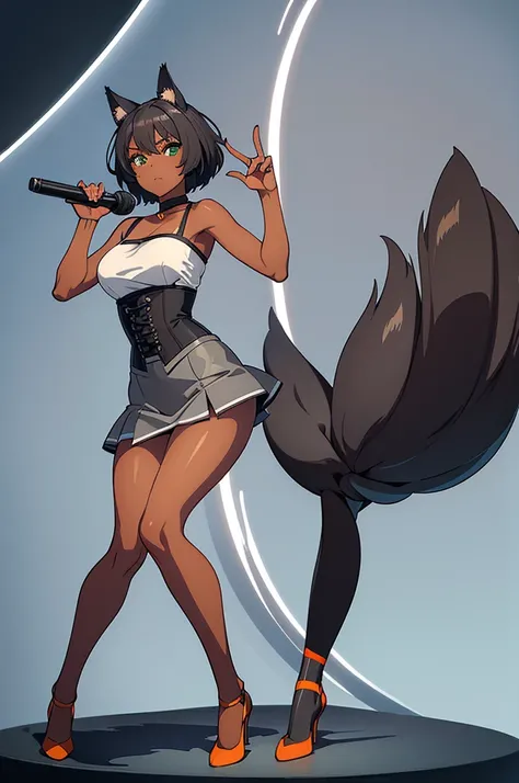 (masterpiece, best quality:1.2), illustration, dark skin, a lady with gray cat ears, full body, gray wave short hair, grab a microphone, green eyes, gray camisole, gray tight skirt, orange corset, no background,