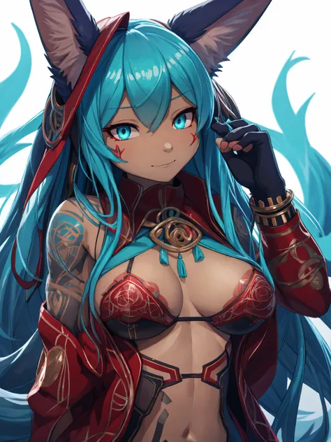 the best definition, Miku Hatsune, High Definition, kitsune ears, tribal tattoo, flirtatious girl, Small breasts add_detail, magician girl add_detail, sensual pose, horny girl, expression of sarcasm puts his hands to his face with an expression of mischief...