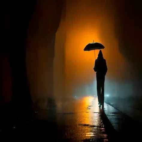 araffe Walking in the rain at night with an umbrella, Rainy evening, low - light photography, Rainy night, In the evening rain, It was raining at night, low - light photography, Weather Photography, Night Photography, Rainy Night, Dark Glow Rain, author：Ma...