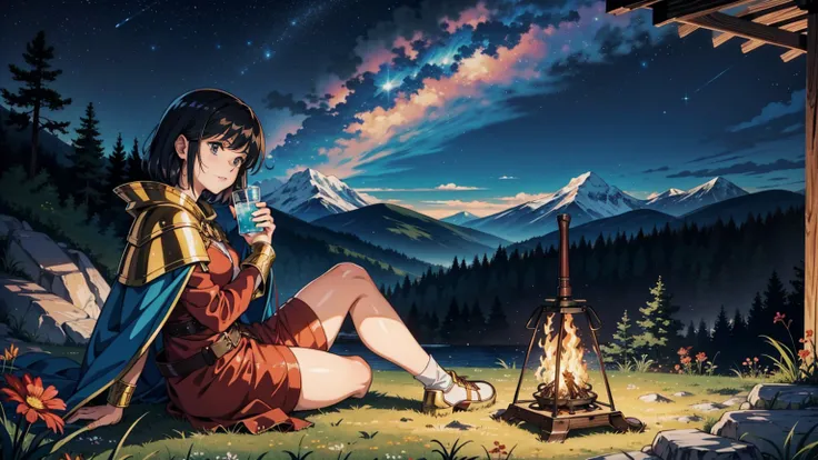 A 16:9 anime-style illustration depicting a female adventurer resting by a campfire on a hill. She is dressed in fantasy attire, including a cloak and light armor. She is sitting by the fire, holding a drink and enjoying a moment of relaxation. The night s...