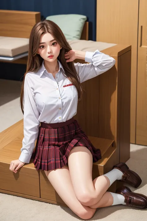 1girl, solo,23yo. realistic, , skirt, shoes, full body, shirt, loafers, long hair, brown hair, plaid, brown eyes, pleated skirt, plaid skirt, looking at viewer, lips, underwear, panties, long sleeves, white shirt他